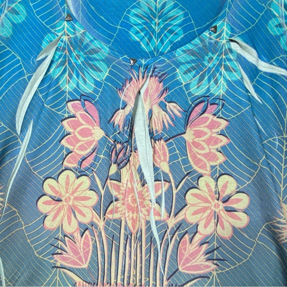 One World Floral Tunic Boho Blouse Women's M Multicolor Studded Neck Casual Top - Picture 3 of 13